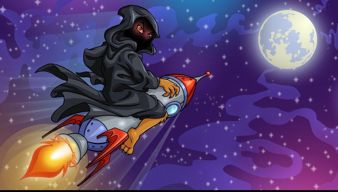 A hooded figure riding a rocket across a starfield