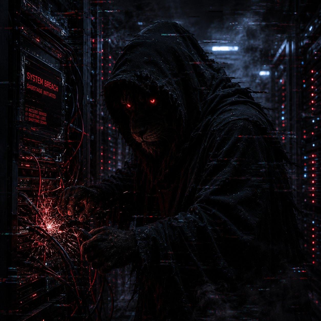 Glitch tearing cables from a server rack, SYSTEM BREACH on the screen