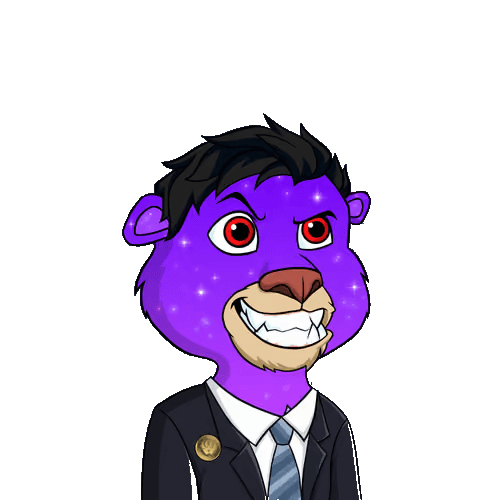 A galaxy-furred Lazy Cub in a black suit and tie